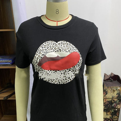 Lips Leopard Print Round Neck Short-sleeved Tshirt Women