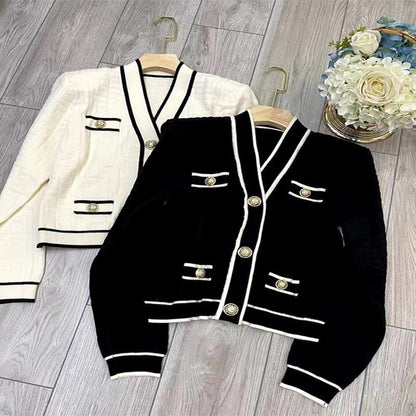 Elegant Metal Button Knit Cardigan V-Neck Letter Jacquard