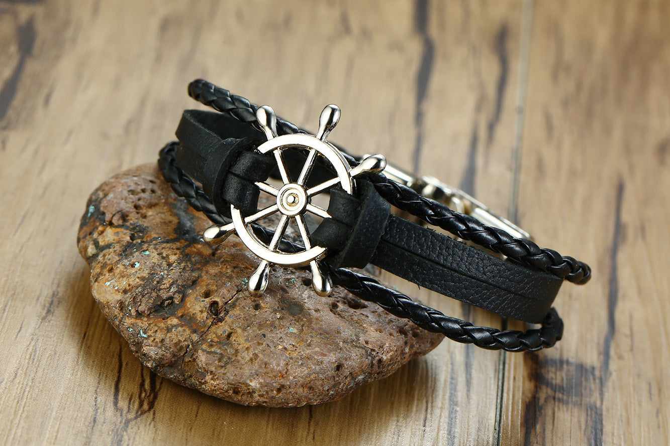 Leather Bracelet Black Alloy Buckle Rudder - sumet.shop