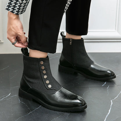 Casual Men's Leather Shoes Cloth Stitching High Top Wild British Martin Casual Men's Leather Shoes
