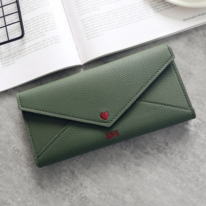 Women's Long Heart-shaped Letter Embroidery Line 2 Fold Multifunctional Simple Wallet Student Multifunctional Wallet