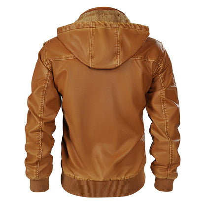 Hooded Leather Jacket Fleece-lined Men's Autumn And Winter New - sumet.shop