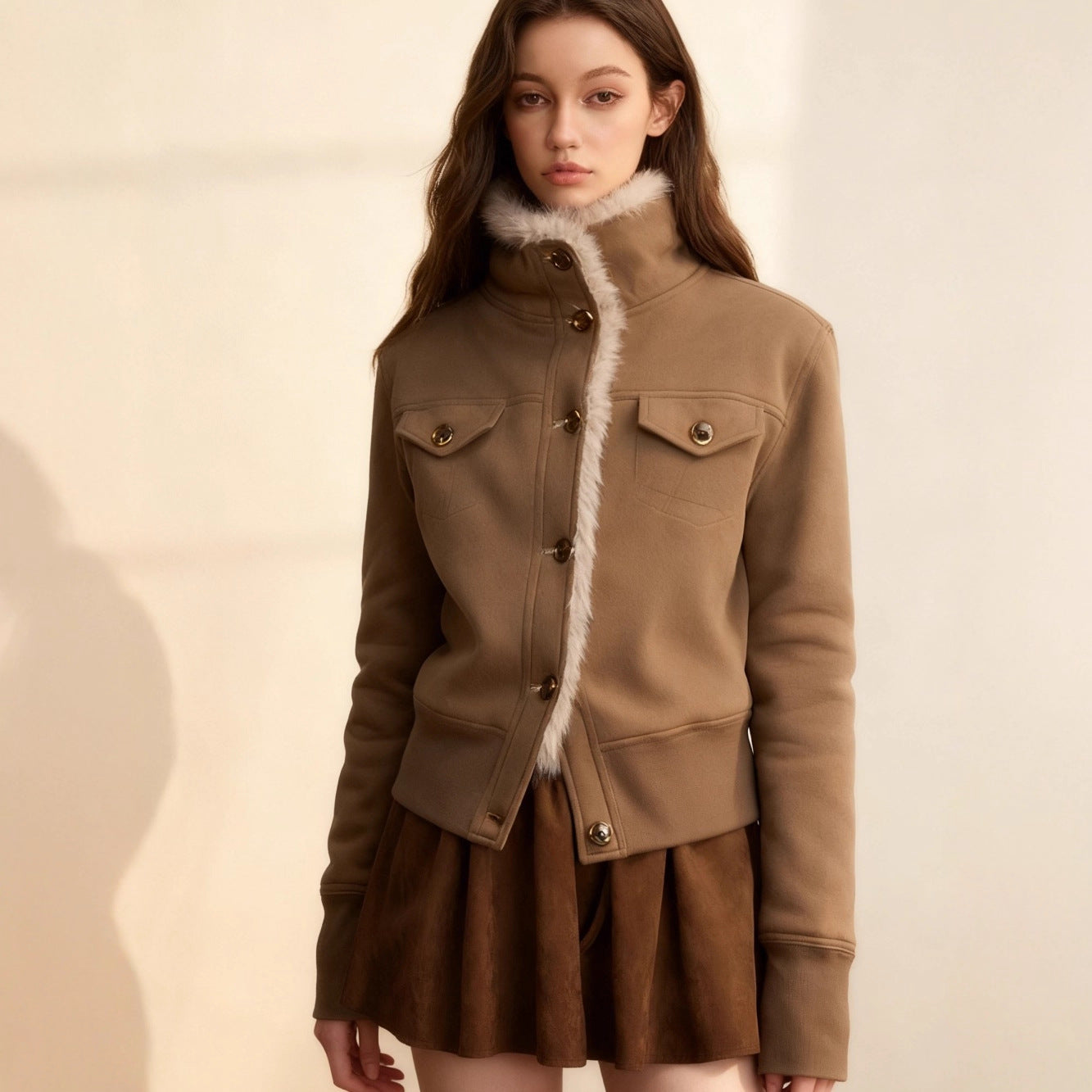 Womens Stand-Up Collar Thickened Patchwork Wool Coat