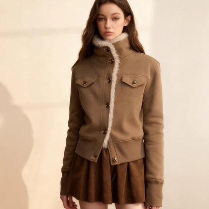 Womens Stand-Up Collar Thickened Patchwork Wool Coat
