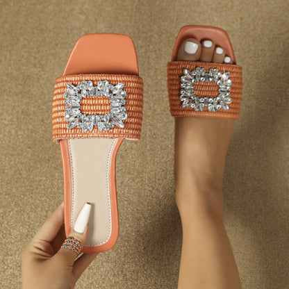 Square Head Slippers Women Straw Rhinestone Flat For Outdoors Vacation Leisure All-matching Slippers Women