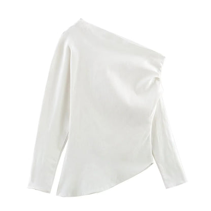 Winter New Shoulder Asymmetric Fold Slim Shirt Top For Women