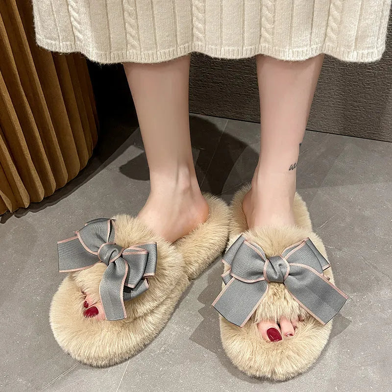 Flat Slippers Cute Fashion Bowknot Plush Flat Slippers