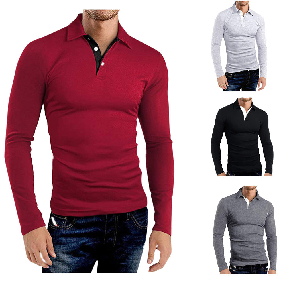 T-shirt Men Men's Long-sleeved Solid Color Lapel T-shirt Men