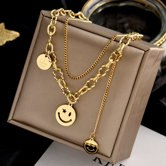 Titanium Steel Round Brand Smiley Face Double-layer Clavicle Chain Women