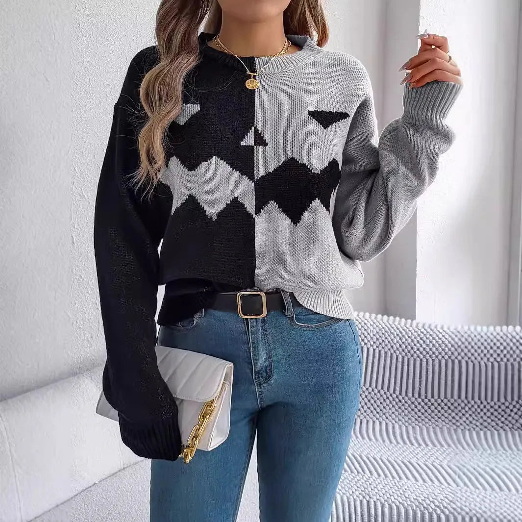 Halloween Pullover Sweater Contrast-color Pullover Sweater Fashion Long Sleeve Knitted Tops For Womens Clothing