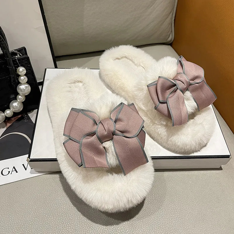 Flat Slippers Cute Fashion Bowknot Plush Flat Slippers