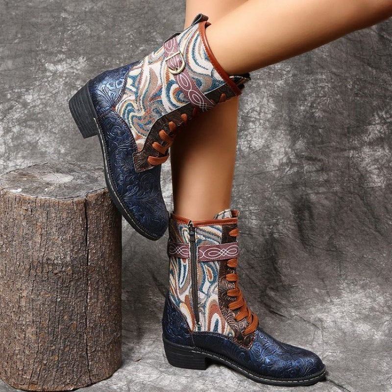 Heel Martin Boots Retro Embroidered Ethnic Style Square Heel Martin Boots