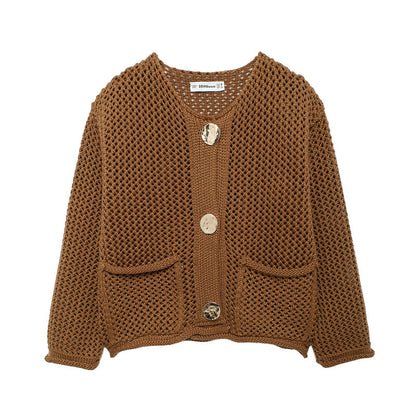 Women's Fashion Pocket Round Neck Thick Needle Knitted Coat