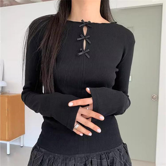 Round Neck Shirt Spring New Women's Solid Color Round Neck Hollow Bow Knitted Top