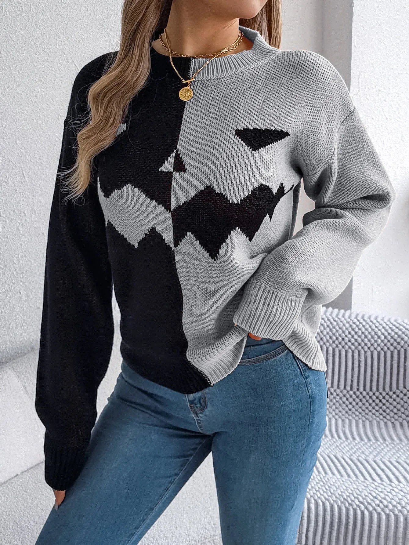 Halloween Pullover Sweater Contrast-color Pullover Sweater Fashion Long Sleeve Knitted Tops For Womens Clothing