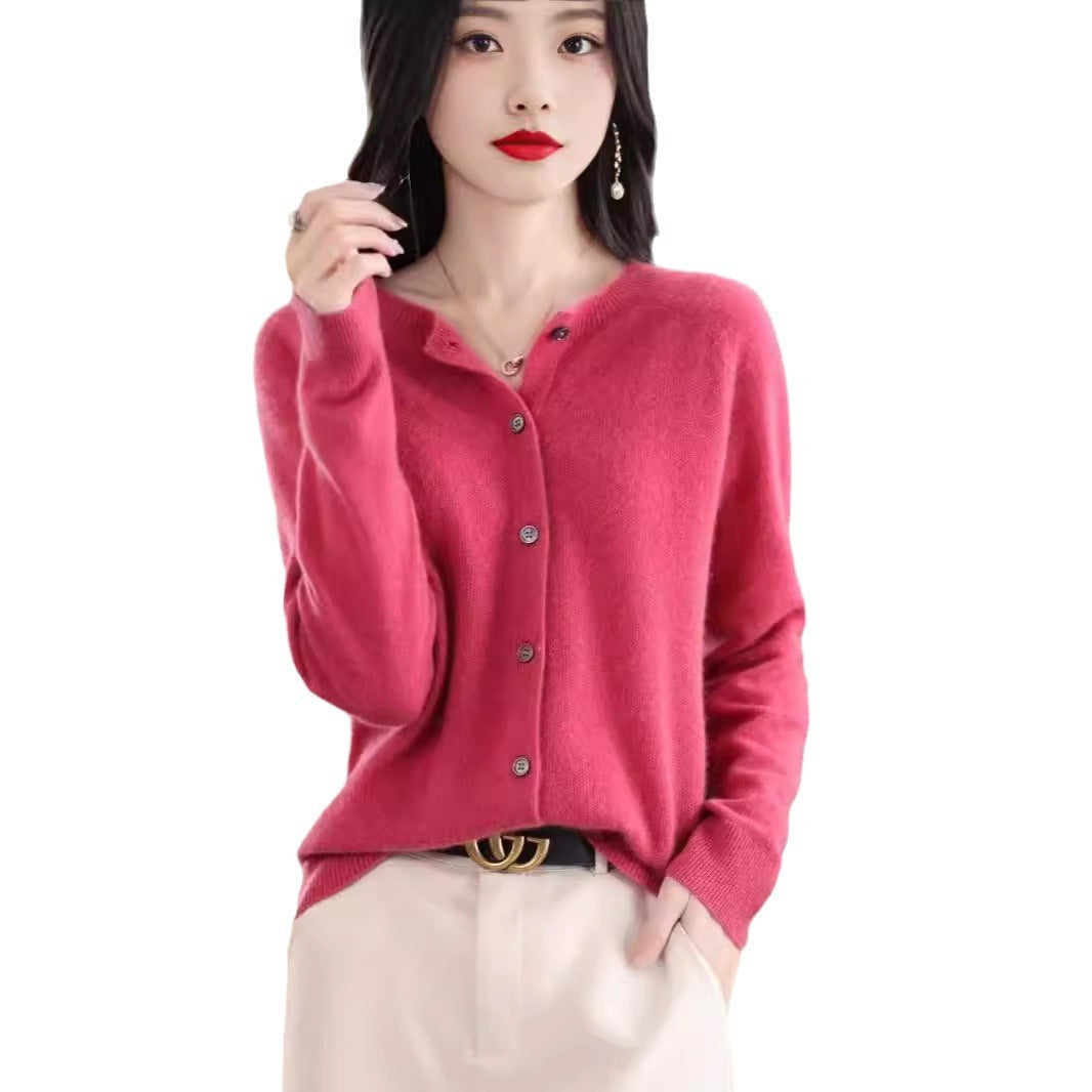 Cashmere Wool Cardigan Sweater Women's O-Neck Long-sleeve