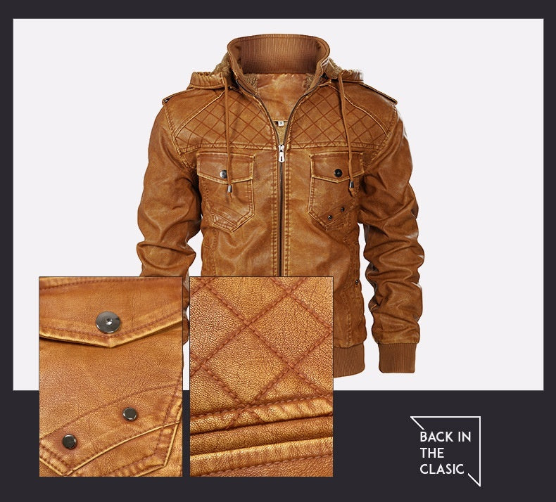 Hooded Leather Jacket Fleece-lined Men's Autumn And Winter New - sumet.shop