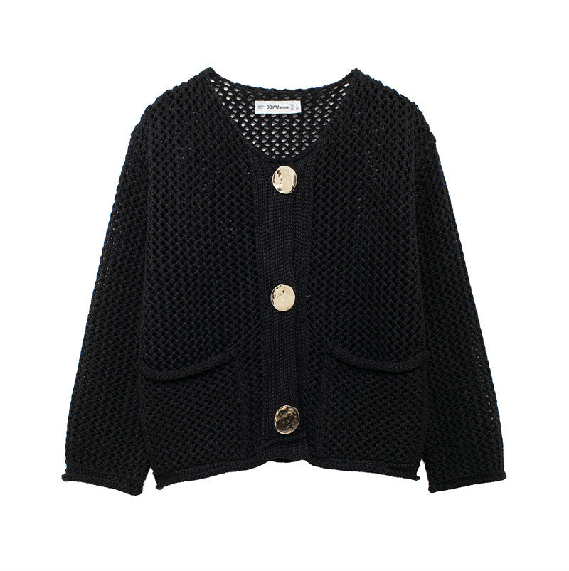 Women's Fashion Pocket Round Neck Thick Needle Knitted Coat