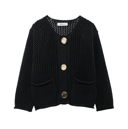 Women's Fashion Pocket Round Neck Thick Needle Knitted Coat