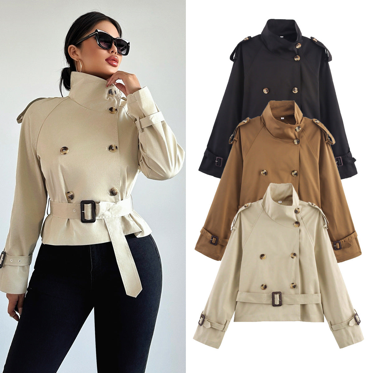 Notch-collar Short Trench Coat for Women with Belt Buckle Detailing