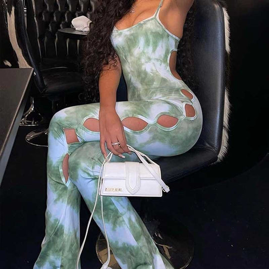 Jumpsuit Strap Digital Printing Hollow Out Jumpsuit Hip Lifting Slim Wide Leg All In One Pant