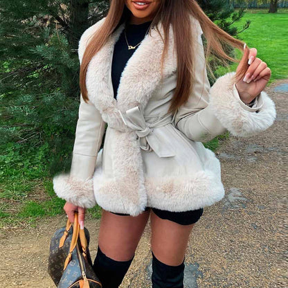 Leather Coat Women's Graceful And Fashionable Fur Collar Lace-up Waist Leather Coat