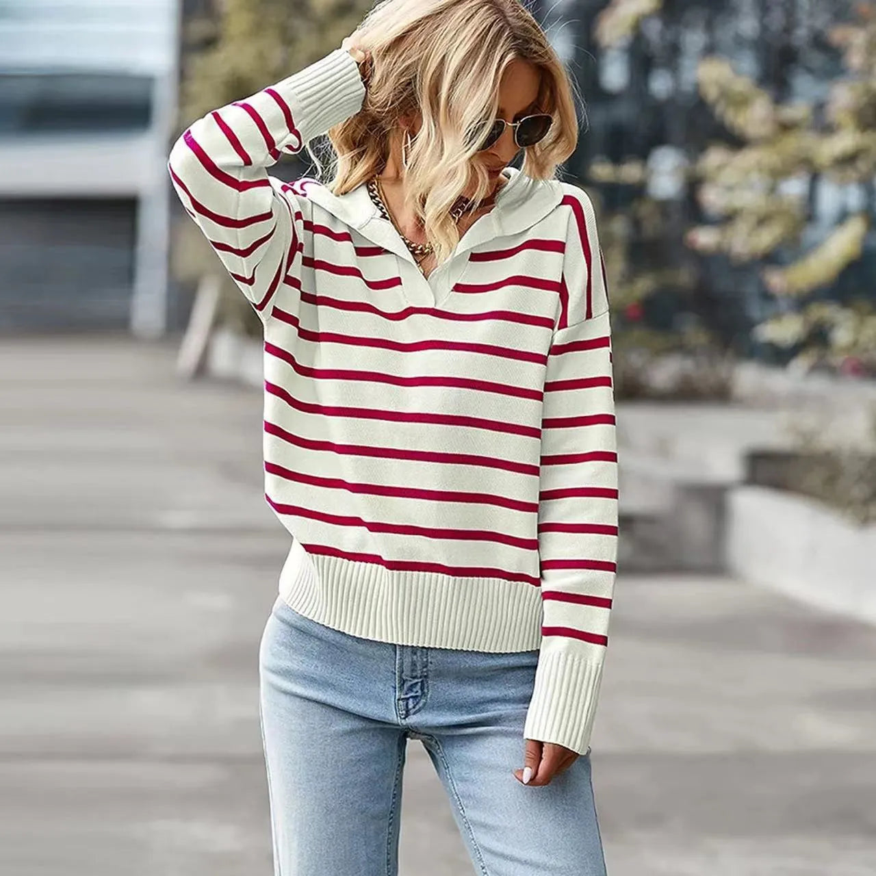 Casual V-neck  Sweater Fashion Long Sleeve Tops For Womens Clothing
