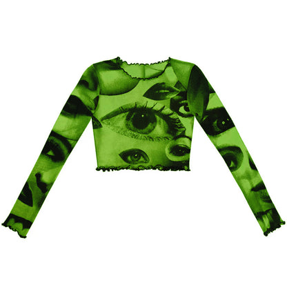 New Style Women's Mesh Gauze Big Eyes Print Short Cropped Top T-shirt Wood Ears