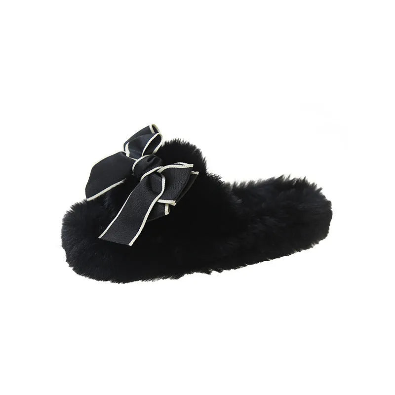 Flat Slippers Cute Fashion Bowknot Plush Flat Slippers