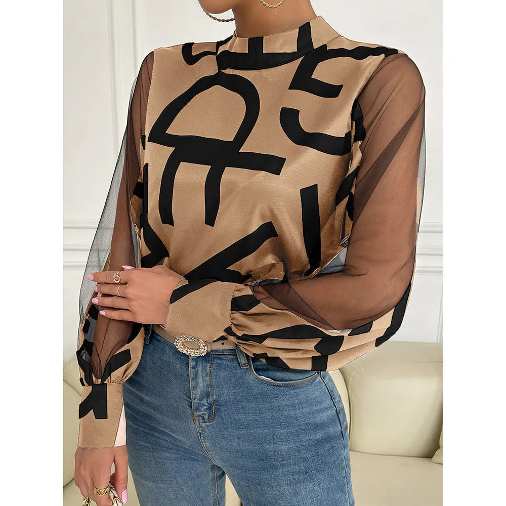 Round Neck Pullover Top Geometric Print Stitching Mesh Round Neck Pullover Top