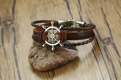 Leather Bracelet Black Alloy Buckle Rudder - sumet.shop