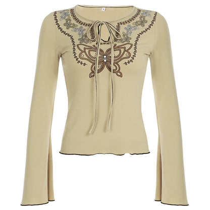 Women's Hollow Out Tied Split Flare Long-sleeved Top