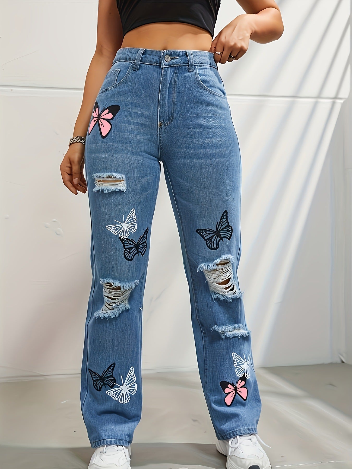 Denim Pants High Waisted Straight Leg Jeans For Women Trendy Butterfly Print Ripped Distressed Denim Pants