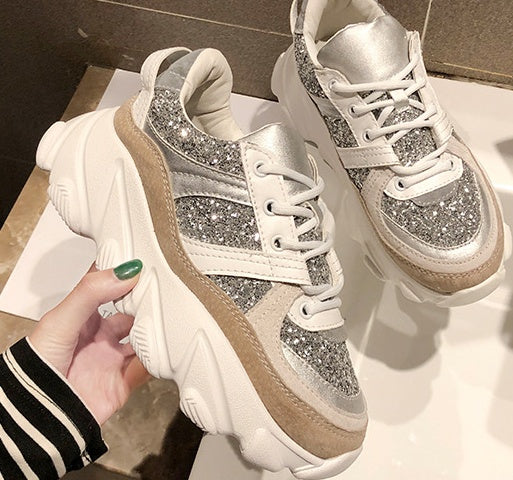 Thick-soled Trendy Sneaker Platform Shoes Shiny Rhinestone Old Shoes