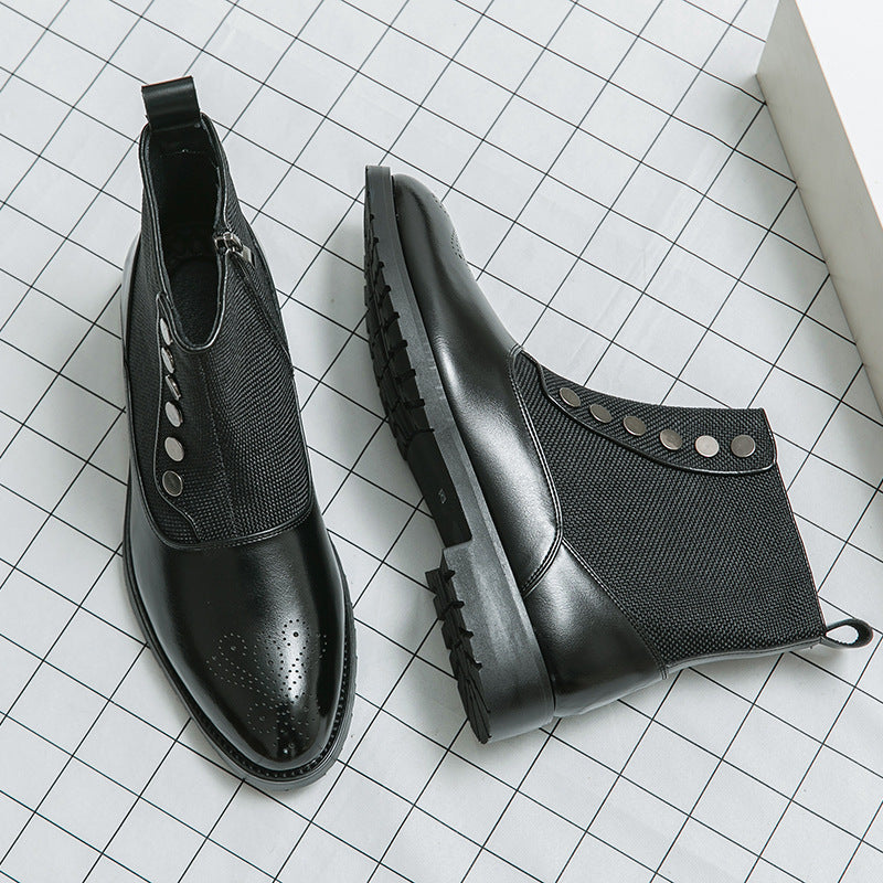 Casual Men's Leather Shoes Cloth Stitching High Top Wild British Martin Casual Men's Leather Shoes