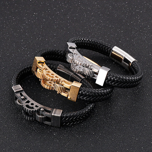 Men's Titanium Steel Motorcycle Gear Braided Leather Bracelet