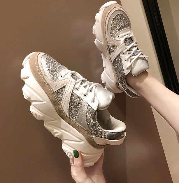 Thick-soled Trendy Sneaker Platform Shoes Shiny Rhinestone Old Shoes