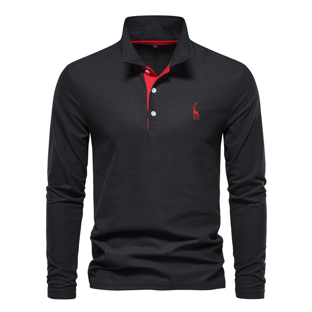 Long Sleeve Polo Collar  shirt Men's Fashion Casual Polo Collar Deer Embroidered Long Sleeve