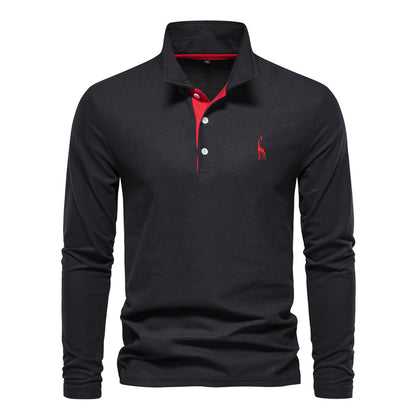 Long Sleeve Polo Collar  shirt Men's Fashion Casual Polo Collar Deer Embroidered Long Sleeve