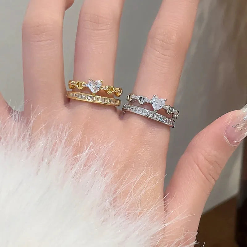 Ring Female Dual Layer Rhinestone Loving Heart Zircon Ring Female Dual Layer Open-end