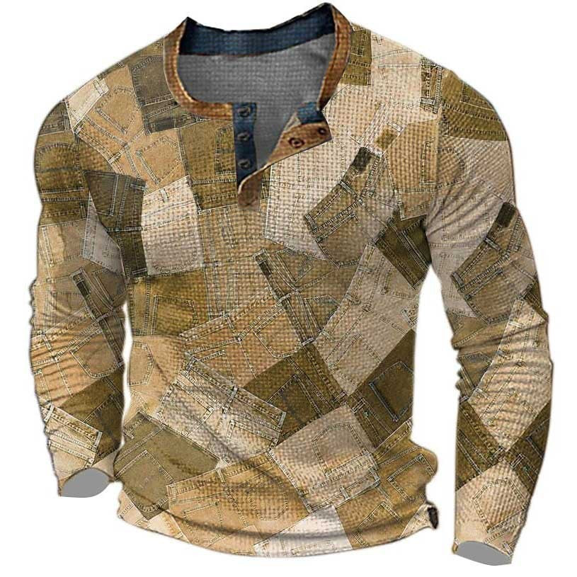 European And American Printed Three-button Long-sleeved Pullover