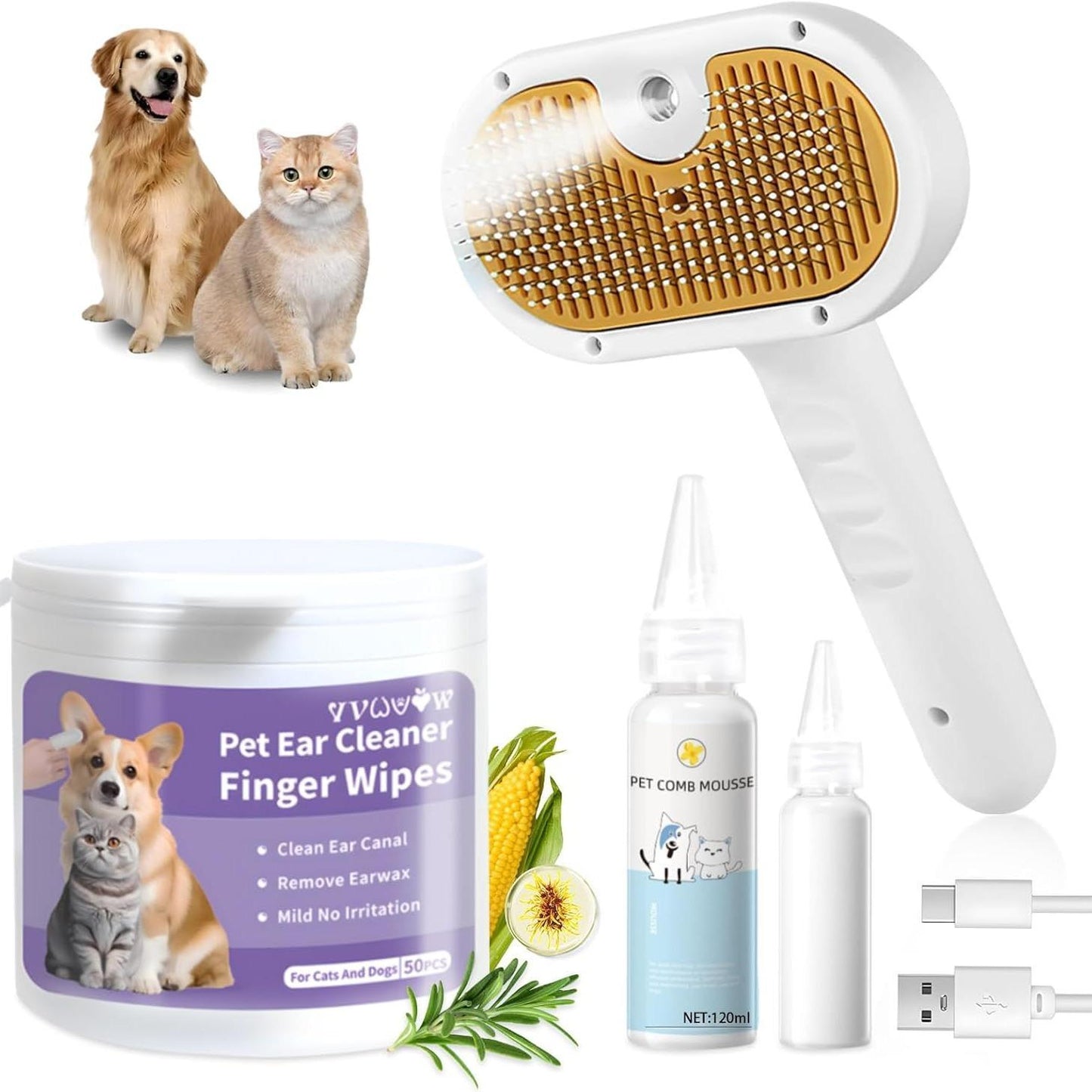 Universal Pet Steam Brush For Cats And Dogs 3-in-1 Spray Hair Removal Comb With Waterless Shampoo