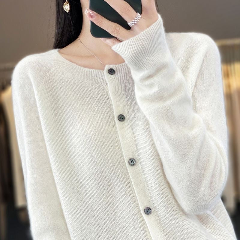 Cashmere Wool Cardigan Sweater Women's O-Neck Long-sleeve