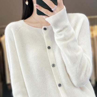 Cashmere Wool Cardigan Sweater Women's O-Neck Long-sleeve