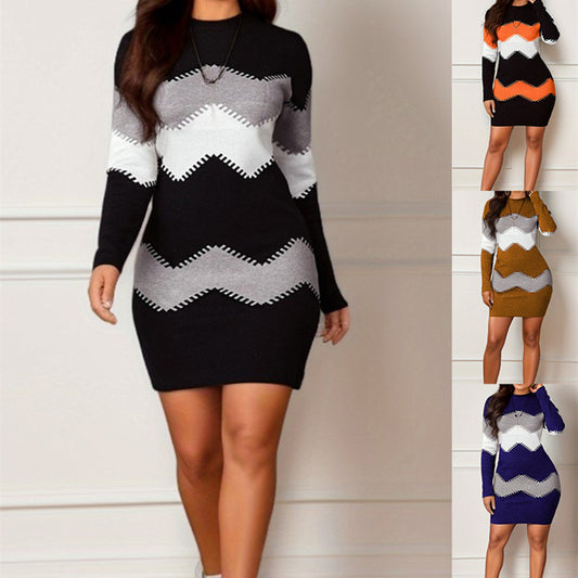 Knitted Sheath Dress Mid-length Short Skirt Round Neck Long Sleeve Printed Knitted Sheath Dress