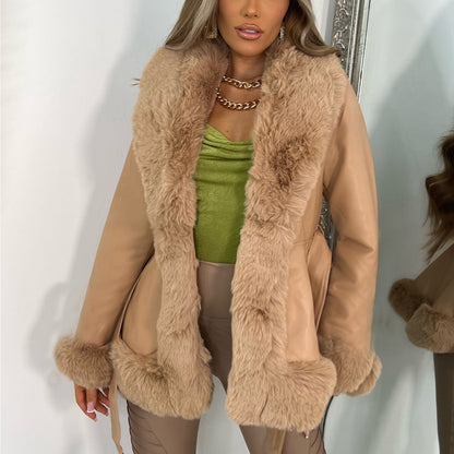 Leather Coat Women's Graceful And Fashionable Fur Collar Lace-up Waist Leather Coat
