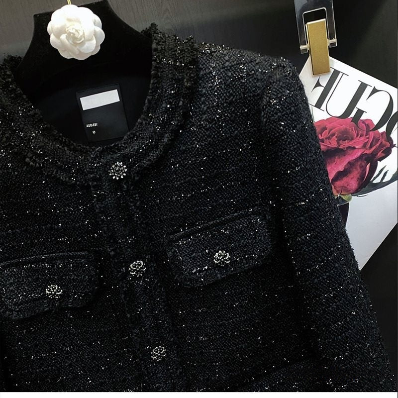 French-style Chic Tweed Top With Long Sleeves