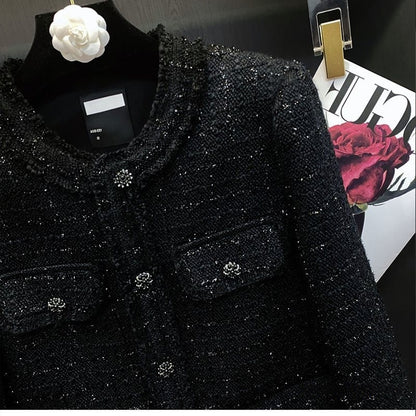 French-style Chic Tweed Top With Long Sleeves