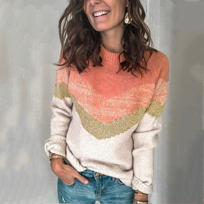 Contrast Panel Knit Pullover Crewneck Raglan Sleeve Sweater