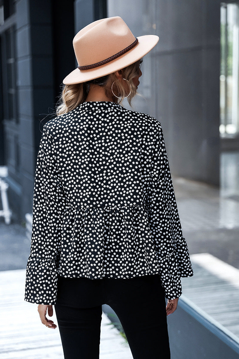 Women's Fashion V Neck Polka Dot Long Sleeve Shirt Elegant Top